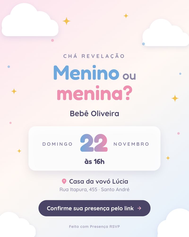 Modelo de convite de chá revelação com nuvens e a pergunta Menino ou menina? em azul e rosa